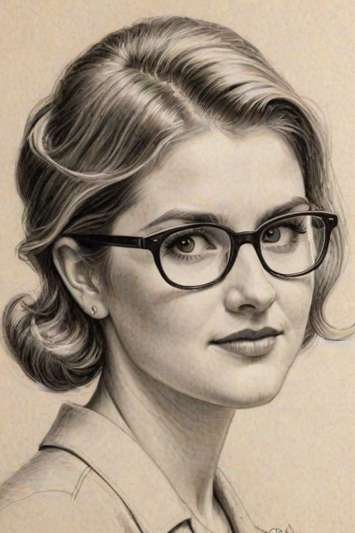 Appealing Jillian Bell, pencil sketch, portrait of Resplendent woman 1954s in glasses, hair style beatnik, outline, clear lines, fine lines, 8k