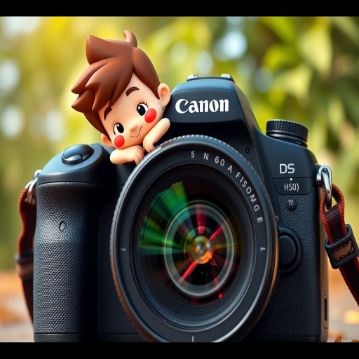 Create an image of a stylized cartoon character leaning on a large camera with a Canon EF lens, shot from a low angle, using a DSLR camera at f/2.8 aperture, 50mm focal length, ISO 100, and natural lighting.