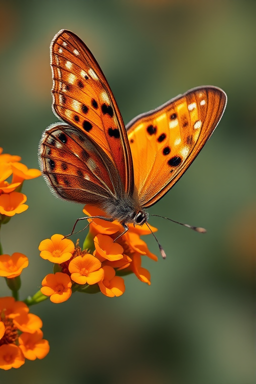Generate an image of a butterfly resting on vibrant orange flowers. The butterfly should have brown wings adorned with white spots, showcasing intricate details. The background should be softly blurred to emphasize the butterfly and the flowers.