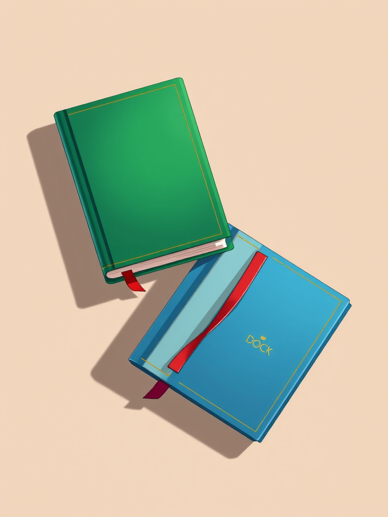 Illustrate two books, one green with a red bookmark and one blue also with a red bookmark, using a digital design style, captured with a Canon EOS R5 at f/8, ISO 100, with a 50mm lens, top-down view, high-resolution to enhance detail and clarity.