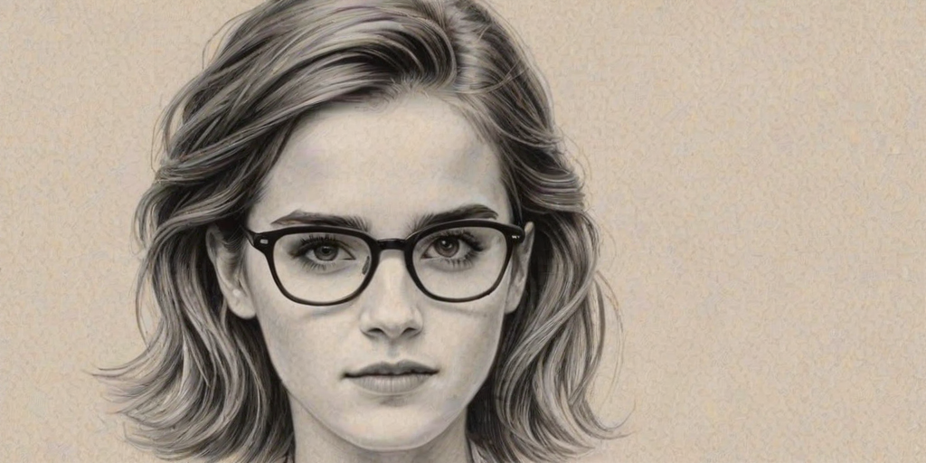 Enticing Emma Watson, pencil sketch, portrait of Fetching woman 1942s in glasses, hair style beatnik, outline, clear lines, fine lines, 8k