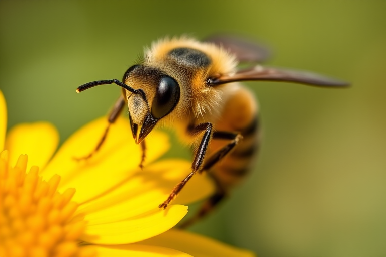 Close-up of a bee on a bright yellow flower, macro lens, f/2.8 aperture, ISO 100, 1/200 sec exposure, natural light, shallow depth of field, DSLR camera.
