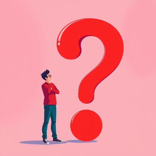 Illustration of a person standing thoughtfully next to a large red question mark, vibrant colors, minimalist design, soft lighting, shot with a 35mm lens, aperture f/2.8, ISO 100, portrait orientation, vector style, digital art.