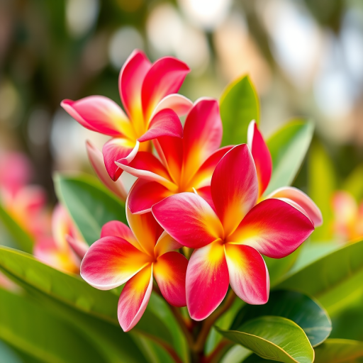 generate a vibrant digital illustration of plumeria flowers in shades of red, yellow, and green leaves, with soft focus background, 50mm lens, f/2.8 aperture, natural lighting, high-resolution settings