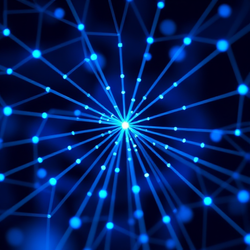 Create a vibrant digital background with an intricate web of glowing blue lines radiating from a central point, featuring a bokeh effect, shot with a DSLR camera at f/8 aperture, ISO 200, 24mm lens, using a macro style to capture fine details.