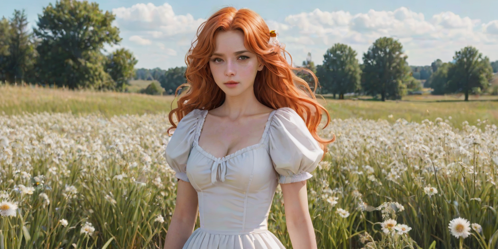 sketch, 1girl, solo, long hair, curly hair, wavy hair, orange hair, orange eyes, looking at viewer, breasts, dress, white dress, puffy sleeves, puffy short sleeves, short sleeves, gloves, elbow gloves, white gloves, cowboy shot, closed mouth, standing, outdoors, field, flower, grass, plant, sky