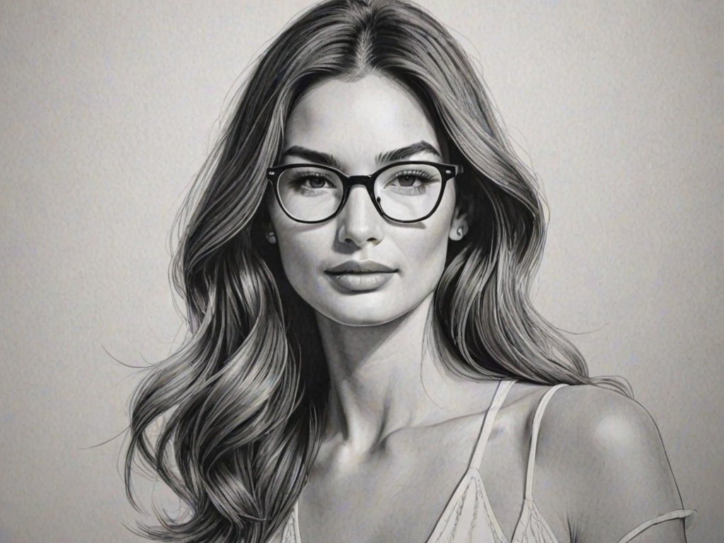 Graceful Lily Aldridge, pencil sketch, portrait of Wonderful woman 1946s in glasses, hair style beatnik, outline, clear lines, fine lines, 8k