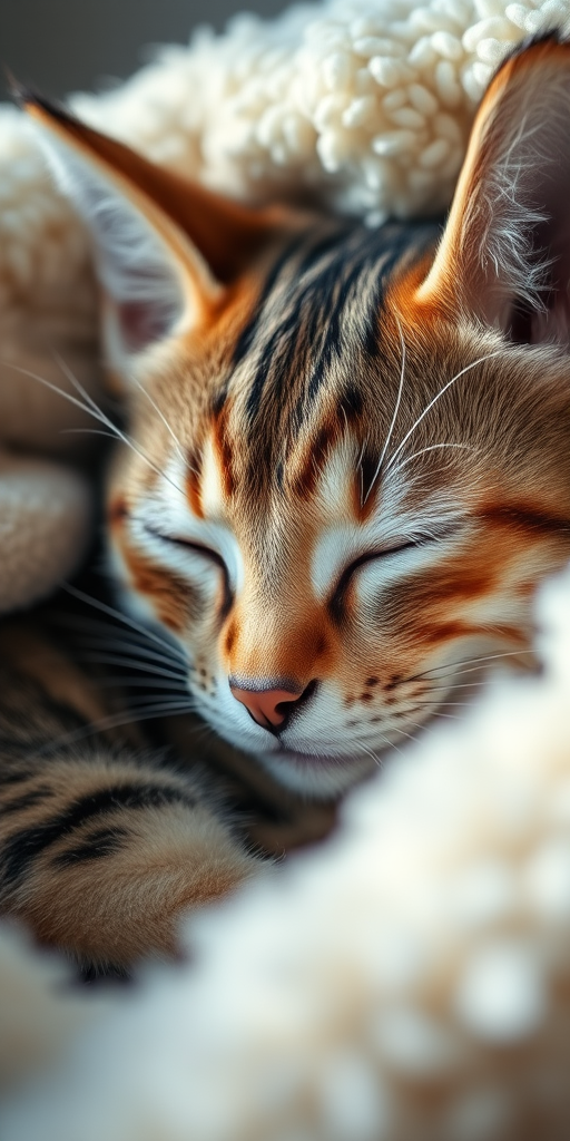 A close-up portrait of a sleeping tabby cat nestled in a fluffy blanket, with soft natural lighting, aperture set to f/2.8, ISO 200, shutter speed 1/125 sec, using a DSLR camera with a macro lens.