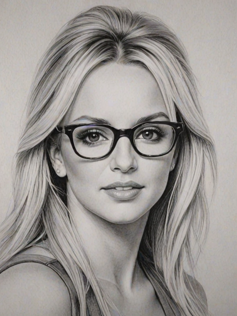Exquisite Britney Spears, pencil sketch, portrait of Charming woman 1967s in glasses, hair style beatnik, outline, clear lines, fine lines, 8k