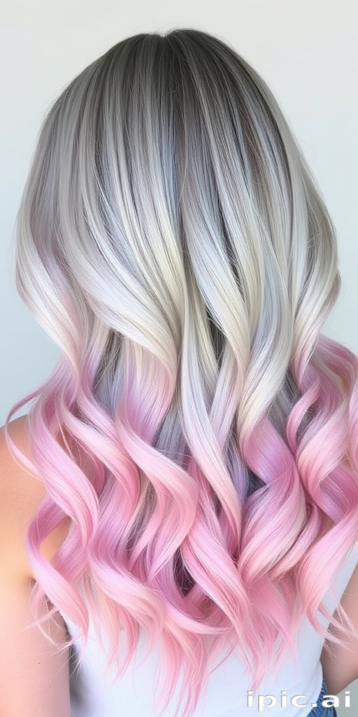 Silver-gray ombre flowing into pastel pink ends, styled in beachy waves, the Moonlit Mermaid style embodies ethereal beauty and otherworldly charm