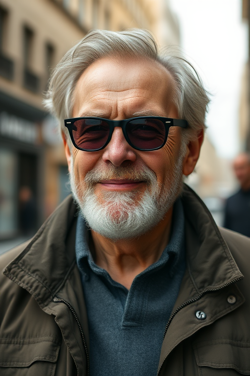 portrait of an older man with a beard and sunglasses, wearing a jacket, smiling softly, blurred city background, captured using a DSLR camera, 50mm lens, aperture f/1.8, ISO 100, shallow depth of field, natural light