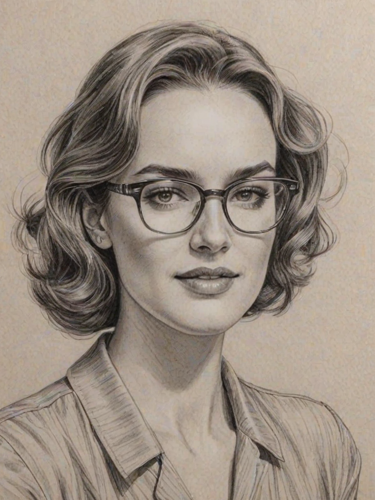 Fascinating Elizabeth Henstridge, pencil sketch, portrait of Exquisite woman 1943s in glasses, hair style beatnik, outline, clear lines, fine lines, 8k