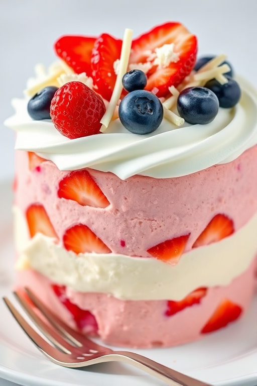 Create an image of a layered dessert with three distinct colors the bottom layer is pink with pieces of strawberries the middle layer is white and the top layer is light blue the dessert is topped with whipped cream and garnished with fresh strawberries blueberries and white chocolate shavings the dessert is presented on a white plate with a fork beside it.