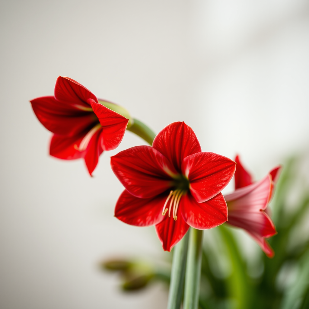 close-up of vibrant red amaryllis flowers against a soft blurred background, aperture f/2.8, shutter speed 1/200s, ISO 100, taken with a macro lens on a DSLR camera, soft natural lighting