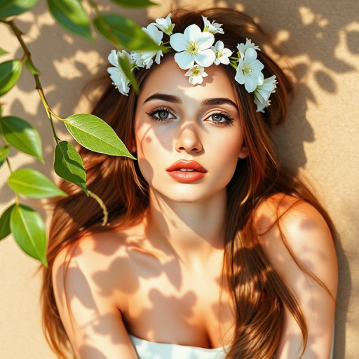 create a watercolor painting of an ethereal portrait of beautiful Kurdish woman with a simple white flower crown on her head. Her hair is long and she is lying on the ground. The sunlight on the trees casts shadows from the leaves on her face and body. The background is a neutral brown color that matches her skin tone. The image is minimalist and solid colors. This style is characterized by soft, delicate brushstrokes and a light, airy, contrasting color palette. High level of detail and play of light