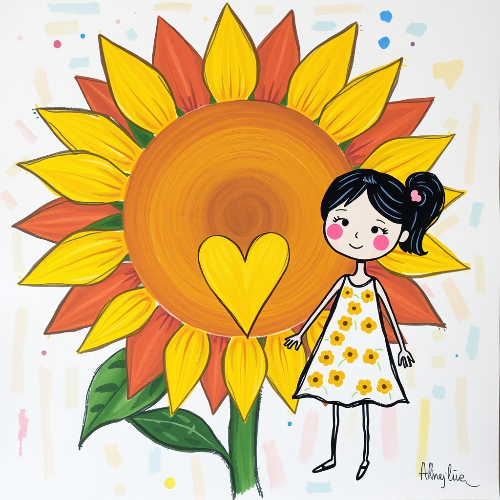 Stylized impressionism painting of a large sunflower with an oversized center and colorful petals. Beside, a young female character with eyes represented by dots and a mouth by a line, pink cheeks, hair attached, arms and legs a black line, flowery white dress triangle shape. A yellow heart surrounded by a black line between the two. Textured background with touches of colorful paint. Childish style.