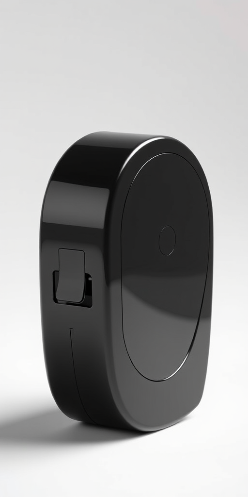 Create a high-resolution digital illustration of a modern black tape dispenser with a sleek design, using a DSLR camera with a 50mm lens, aperture of f/2.8, ISO 100, shot in a soft light studio setting with a slight overhead angle to capture details and shadows effectively.