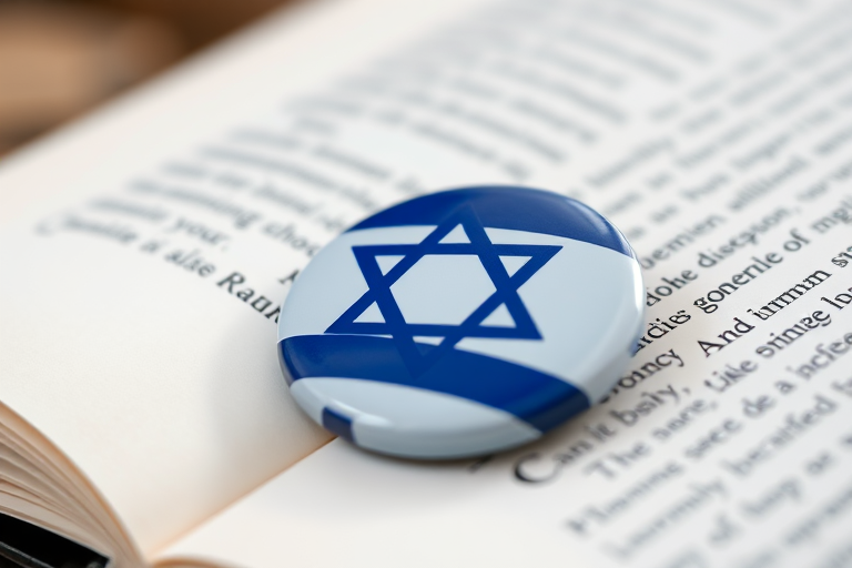 Close-up shot of a glossy button featuring the Israeli flag resting on an open book page, with soft natural lighting, aperture f/2.8, shutter speed 1/60 sec, ISO 200, macro lens, taken with a DSLR camera for enhanced detail and depth of field.