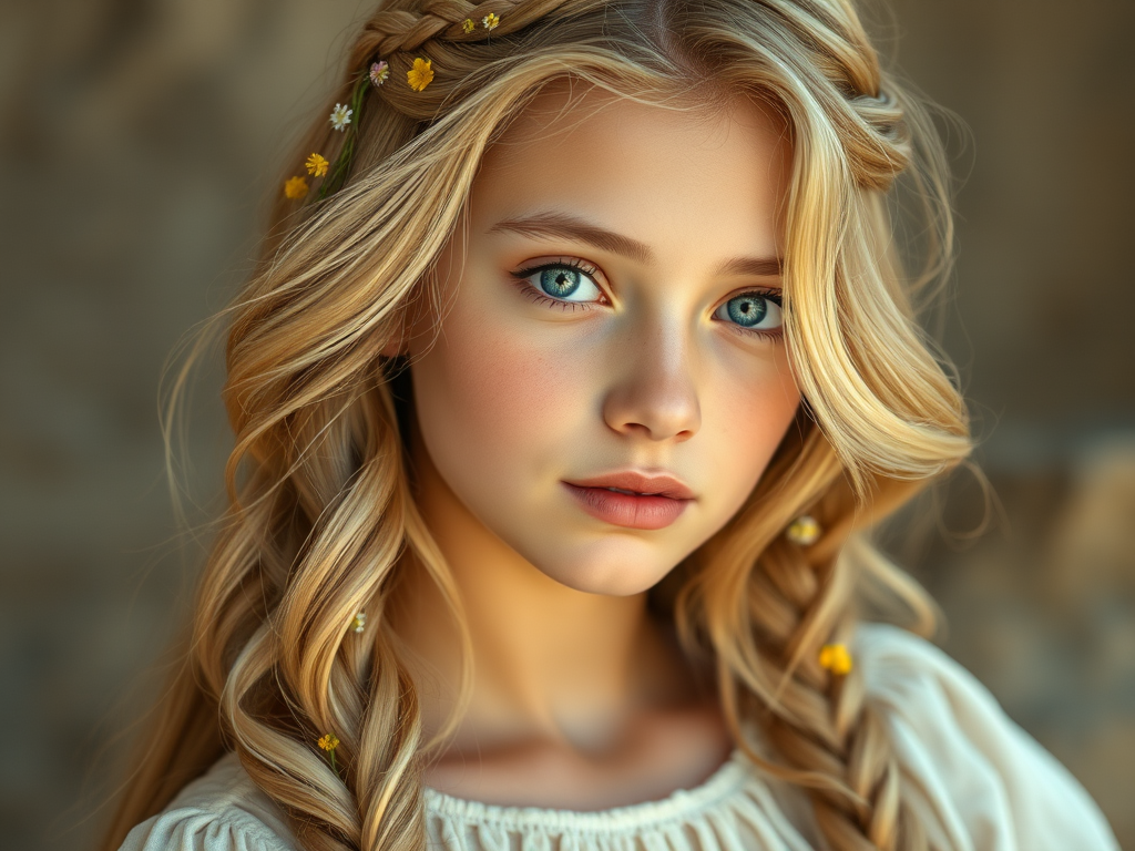 Create an image of a young Afghan woman with long, wavy blonde hair, adorned with small, colorful flowers woven into her braids and loose strands. Her complexion is fair, with soft, glowing skin, and she has light blue eyes that gaze softly at the viewer. She wears a light, flowing dress with a gentle, ethereal quality, complementing her delicate and serene appearance. The background is slightly blurred, drawing focus to her tranquil expression and the intricate details of the flowers in her hair. The overall mood of the image is one of natural beauty and grace, evoking a sense of peacefulness and connection with nature.