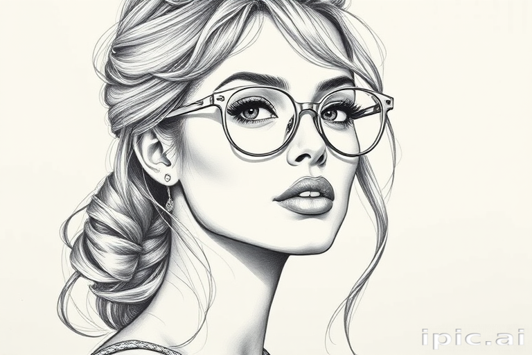 hot mia khalifa, pencil sketch, portrait of beautiful woman 60s in glasses, hair style beatnik, outline, clear lines, fine lines, 8k