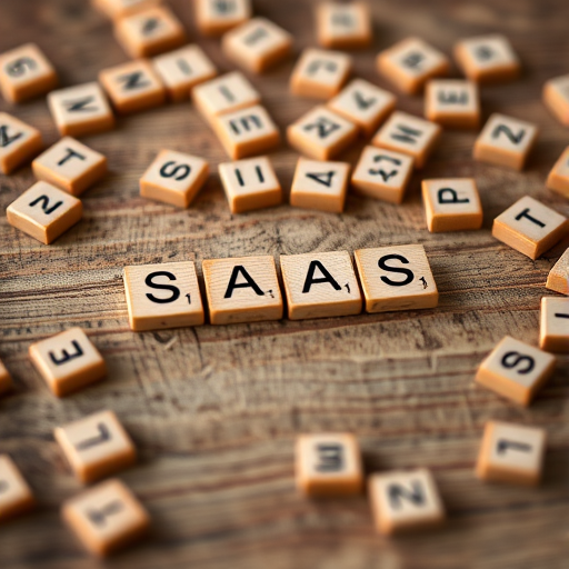Close-up of wooden letter tiles scattered on a rustic wooden surface with the word "SAAS" highlighted in the center, shallow depth of field, f/2.8 aperture, 50mm lens, natural light, DSLR camera.