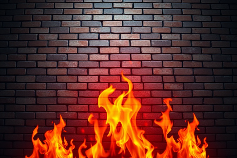 Create a high-resolution illustration of a brick wall with vibrant flames in front, using a Canon EOS 5D Mark IV with a 50mm lens at f/1.8, ISO 100, and a soft-focus background to enhance the details and maintain clarity.