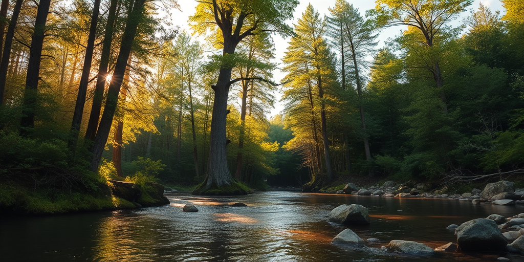 Create an image of a serene, sunlit forest scene with a clear, gently flowing river. Tall trees with lush green foliage line both sides of the river, their leaves bathed in the warm golden light of the setting or rising sun. The sunlight filters through the trees, casting soft, dappled light on the river, which flows over smooth rocks and pebbles, creating a peaceful, natural atmosphere. The sky is bright with a few scattered clouds, and the overall mood is tranquil, evoking a deep sense of connection with nature. The image captures the beauty of a calm, pristine forest landscape at either dawn or dusk.