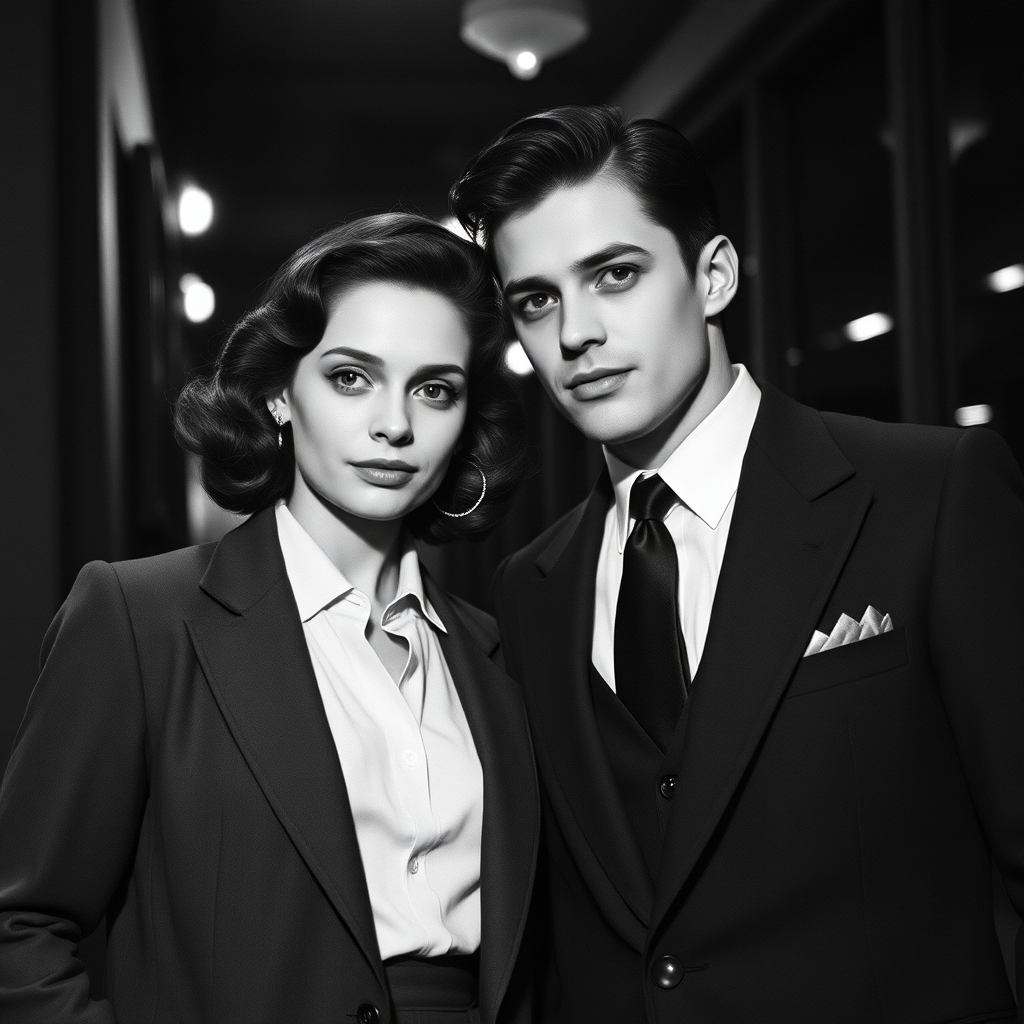 Black-and-white photograph, couple, tailored suits, retro hairstyles, film noir style, Tilt the camera for a dynamic Dutch angle using a versatile 24-70mm lens