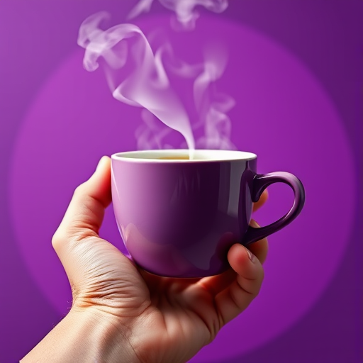 Create a high-resolution image of a steaming coffee cup held by a hand, on a circular background with bold purple and white colors, using a DSLR camera with a 50mm lens, aperture f/1.8, ISO 100, shot in natural light from a front view to capture fine details.