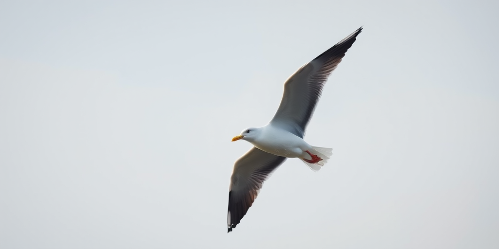 seagull flying in a clear sky, high-resolution, f/5.6 aperture, 1/2000 shutter speed, ISO 100, 85mm lens, soft natural light, focused on the bird with a blurred background, photography from below, DSLR camera
