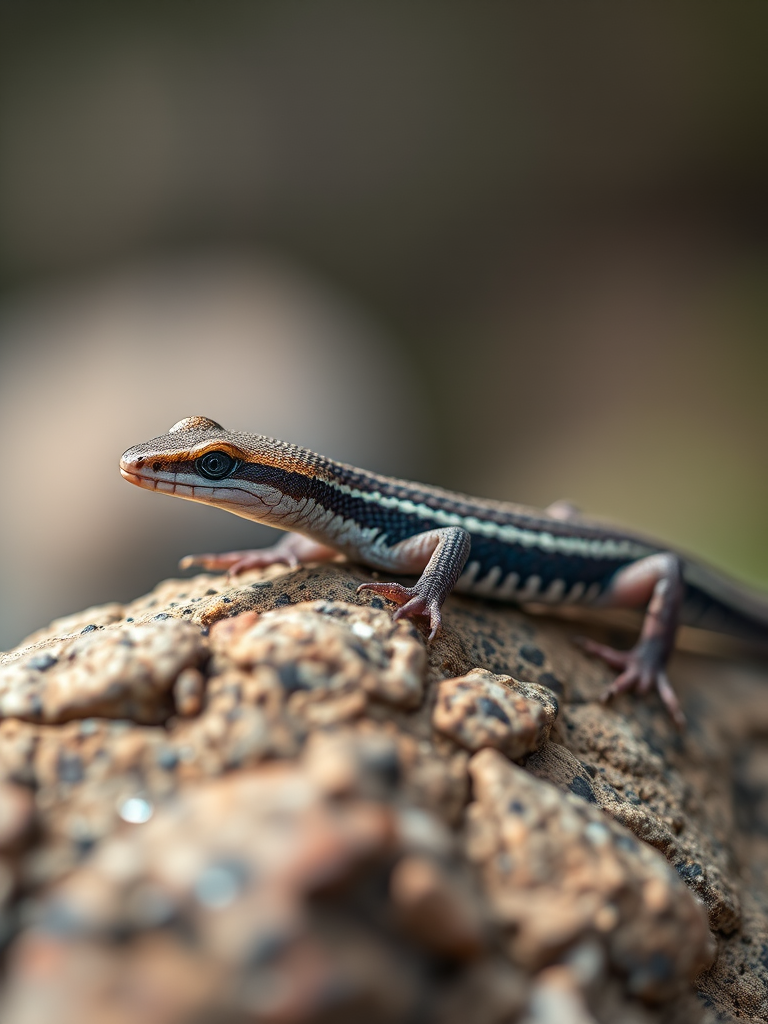 regenerate an image of a skink resting on a rock with a shallow depth of field, using a Canon EOS 5D Mark IV, 100mm f/2.8 macro lens, aperture f/2.8, ISO 200, shutter speed 1/250s, natural light, slightly off-center composition