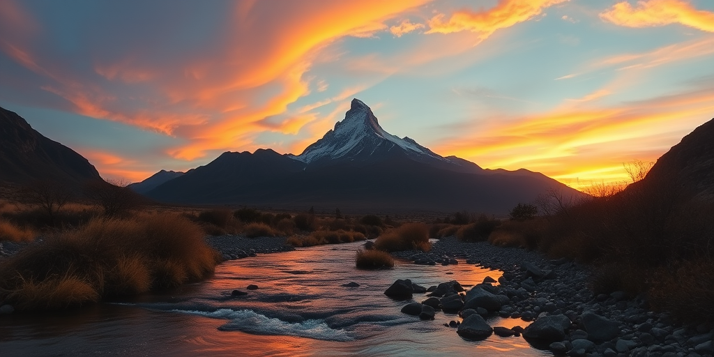 Generate a vibrant landscape featuring a mountain range during sunset with a river flowing in the foreground, use a DSLR camera with a 24mm lens, aperture set to f/8, ISO 100, shutter speed of 1/125 second, shot from a low angle to capture reflections in the water, high dynamic range style for enhanced colors and details.