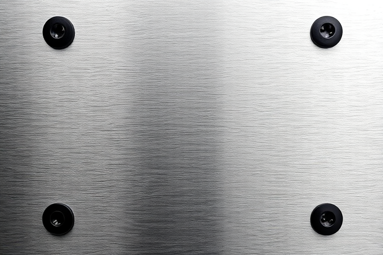 high-resolution image of brushed silver metal texture with four black screws in the corners, macro lens, f/2.8 aperture, ISO 100, 50mm focal length, soft diffused lighting, top-down view