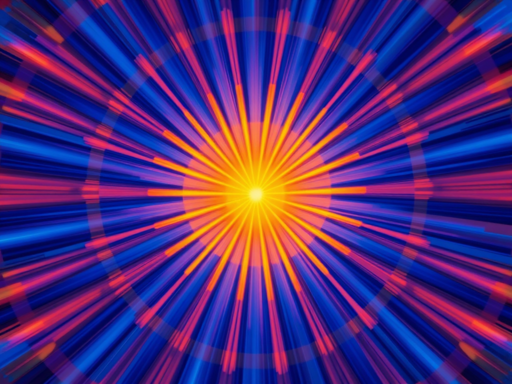 Create an abstract image of vibrant blue and orange rays emanating from a central point with a high dynamic range, 50mm f/1.8 lens, ISO 400, shutter speed 1/60 sec, captured from a straight-on view using a DSLR camera to enhance clarity and detail.