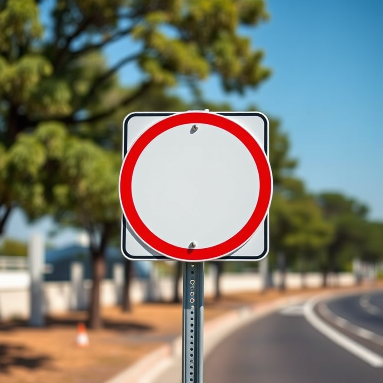 Generate a high-resolution image of a blank road sign on a metal pole, use a Canon EOS R5 camera with a 50mm lens, aperture f/2.8, shutter speed 1/250s, ISO 100, in natural daylight, capturing a frontal view with a slight depth of field to enhance background blur.