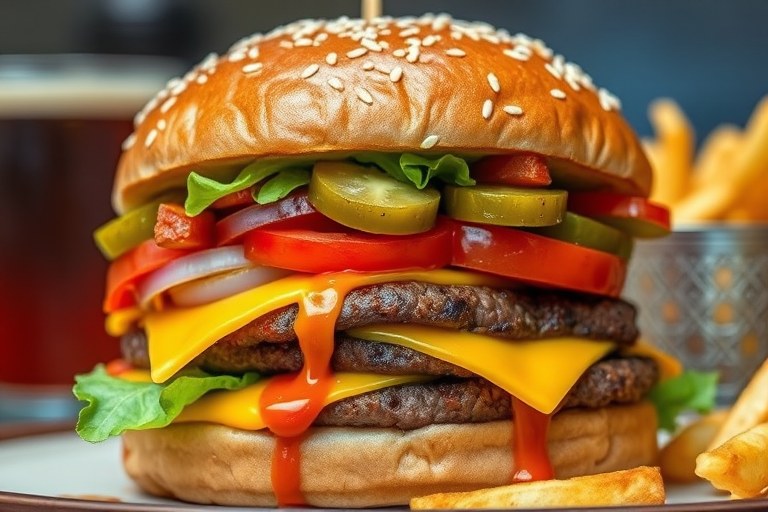 High-resolution, close-up image of a gourmet double cheeseburger. The burger features a glossy, sesame-seed-topped brioche bun. Inside, there are two thick, juicy beef patties, each topped with melted cheddar cheese. The burger is garnished with fresh lettuce, tomato slices, diced onions, and pickles. A generous amount of ketchup and a creamy, orange-colored sauce is dripping down the sides, adding to the mouth-watering appeal. In the background, there are blurred elements including a side of golden French fries and a hint of a beverage, enhancing the overall presentation of a delicious meal.