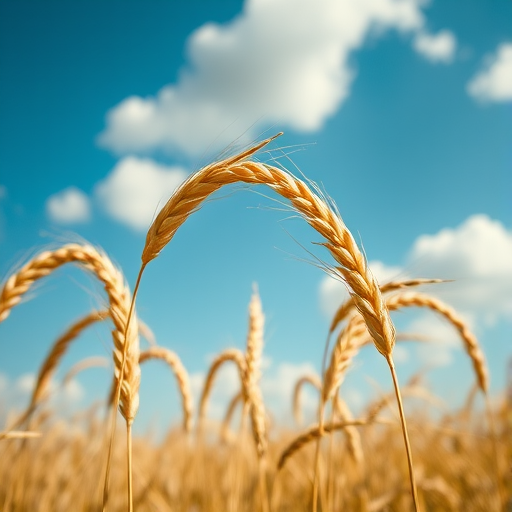 capture a close-up of golden wheat stalks swaying in the wind under a clear blue sky with fluffy clouds using a DSLR camera at f/2.8 aperture, 1/1000 shutter speed, ISO 200, 35mm lens to enhance depth of field and clarity