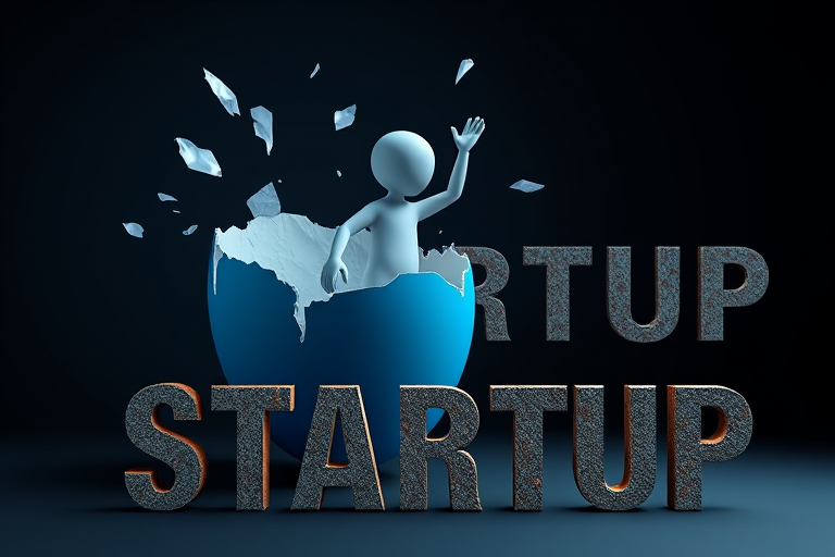 Generate a 3D render of a stylized figure emerging from a cracked blue eggshell with dynamic shards flying around, set against a dark gradient background with the word "STARTUP" prominently displayed in a bold, textured font, using a Canon EOS 5D Mark IV with a 24-70mm f/2.8 lens, f/11 aperture, ISO 100, and a shutter speed of 1/250s for enhanced clarity and depth.