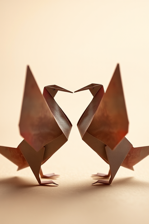 Create a highly detailed image of two origami birds facing each other against a soft beige background, taken with a DSLR camera at f/2.8 for a shallow depth of field, ISO 100 for clear details, and a 50mm lens to capture intricate textures and shadows.