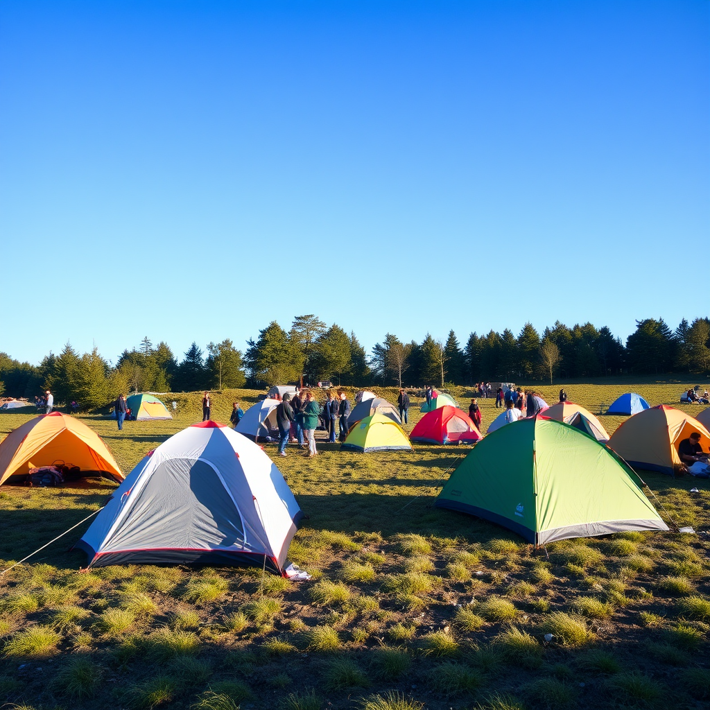 regenerate an outdoor scene of a tent camp with several tents set up on grassy land under a clear blue sky, include people interacting around the tents, use a DSLR camera with a 24mm lens, aperture f/8, ISO 200, shutter speed 1/200s, natural lighting, wide-angle viewpoint