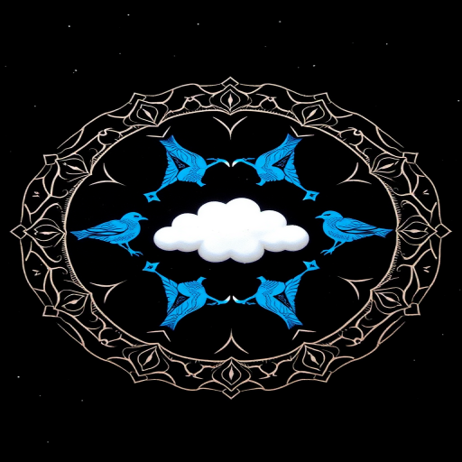 Create a symmetrical mandala design with a central cloud shape surrounded by four blue bird figures, set against a black background with small stars, captured with a DSLR camera, 50mm lens, f/2.8 aperture, ISO 100, and a soft-focus effect.