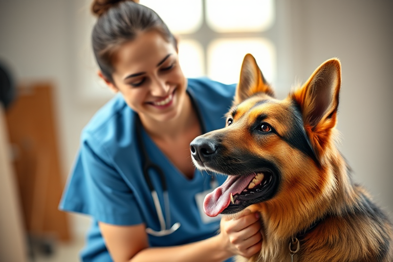 a veterinarian in blue scrubs joyfully interacting with a German Shepherd, soft natural lighting, shallow depth of field, 50mm lens, f/1.8 aperture, ISO 200, 1/200s shutter speed, studio backdrop, captured with a DSLR camera