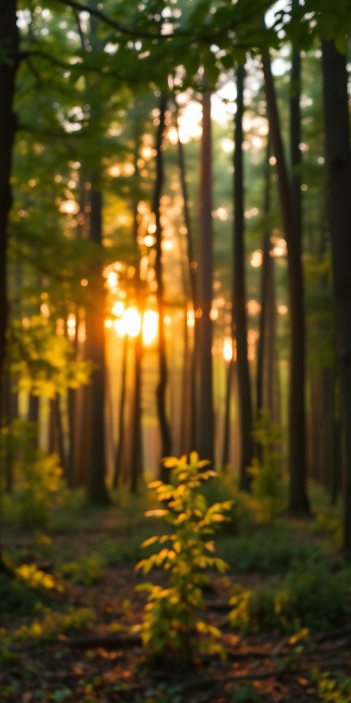 Create a high-resolution image of a peaceful forest scene during sunrise, capturing soft golden light filtering through the trees, with a shallow depth of field, using a Canon EOS R5 camera, 50mm lens, aperture set to f/1.8, ISO 100, and shutter speed at 1/200 sec for enhanced clarity and vibrant colors.