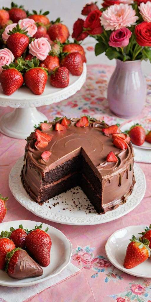 Create an image of a round chocolate cake covered in pink frosting. The cake should have a glossy chocolate ganache drip around the edges and be topped with fresh strawberries and pink whipped cream swirls. Place the cake on a decorative plate surrounded by a floral tablecloth and additional strawberries scattered around.