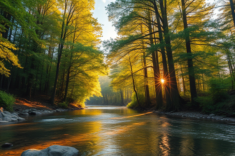 Create an image of a serene, sunlit forest scene with a clear, gently flowing river. Tall trees with lush green foliage line both sides of the river, their leaves bathed in the warm golden light of the setting or rising sun. The sunlight filters through the trees, casting soft, dappled light on the river, which flows over smooth rocks and pebbles, creating a peaceful, natural atmosphere. The sky is bright with a few scattered clouds, and the overall mood is tranquil, evoking a deep sense of connection with nature. The image captures the beauty of a calm, pristine forest landscape at either dawn or dusk.