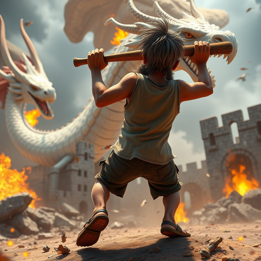 Cartoon 3D High-Resolution,dynamic battle scene using Unreal Engine 5 and Octane Render. The scene features back of an elderly, thai man with a beard,messy hair and round golden-rimmed glasses. He is wearing a tattered tank top with soot marks, shorts, and sandals. sweating. he wields a baseball bat. He jump to fight with a white fire-breathing Europe dragon amidst a partially destroyed stone castle. Include intense flames, smoke, and debris to enhance the dramatic effect.