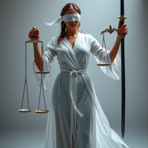 Create a high-resolution image of a blindfolded woman in a flowing white outfit, holding scales of justice and a sword, full-body shot, with soft diffused lighting, aperture f/2.8, ISO 100, 35mm lens, taken with a DSLR camera from a low angle to emphasize her stature.