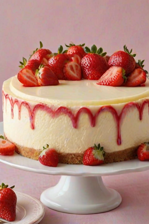 Create an image of a creamy cheesecake with a vibrant strawberry swirl on top, garnished with fresh strawberries. The cheesecake should be displayed on a white cake stand, with a slice cut out to showcase the layers inside. The setting should have a light and inviting atmosphere.