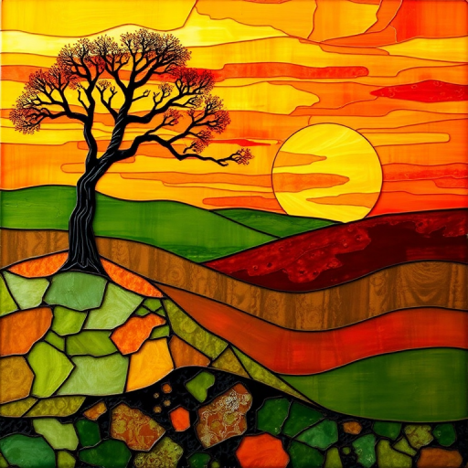 A vibrant abstract painting on Tiffany Glass, blending acrylic and alcohol ink techniques, captures a dramatic sunset over rolling hills. The artwork features a textured, rocky foreground in green and brown, layered abstract hills, and a striking sunset in rich oranges, yellows, and reds. A solitary black tree with intricate branches contrasts against the fiery sky, creating a dynamic and expressive portrayal of a breathtaking natural scene.