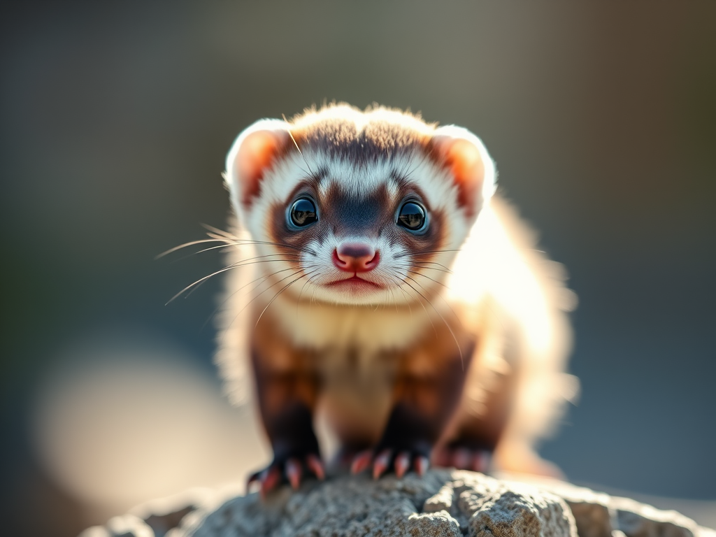 a cute ferret with large expressive eyes standing on a rock, soft bokeh background, natural sunlight illuminating the fur, 85mm lens, f/1.8 aperture, ISO 200, shutter speed 1/200s, DSLR camera, shallow depth of field, high-resolution image